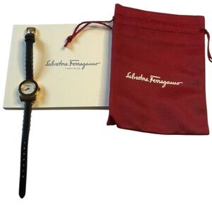 Salvatore Ferragamo Swiss Diamond Watch Mother-of-Pearl Black Leather Full Set